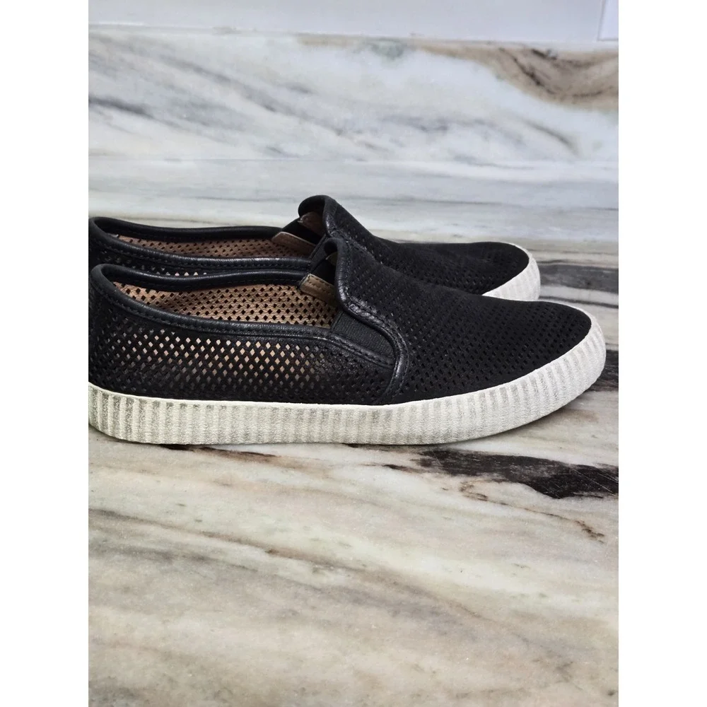 FRYE Camille Black Suede Perforated Slip‎ On Shoes Size 7.5 Preppy Minimalist